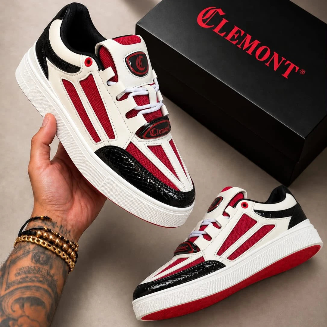 Clemont Retro Court Hombre Blanco Rojo Negro Textura Escama – Tenis Premium Colombia JH Sport
