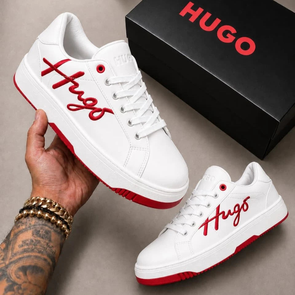 Hugo Boss Kyano Hombre Blanco Negro Firma Cursiva Bordada – Tenis Casual Premium Colombia JH Sport